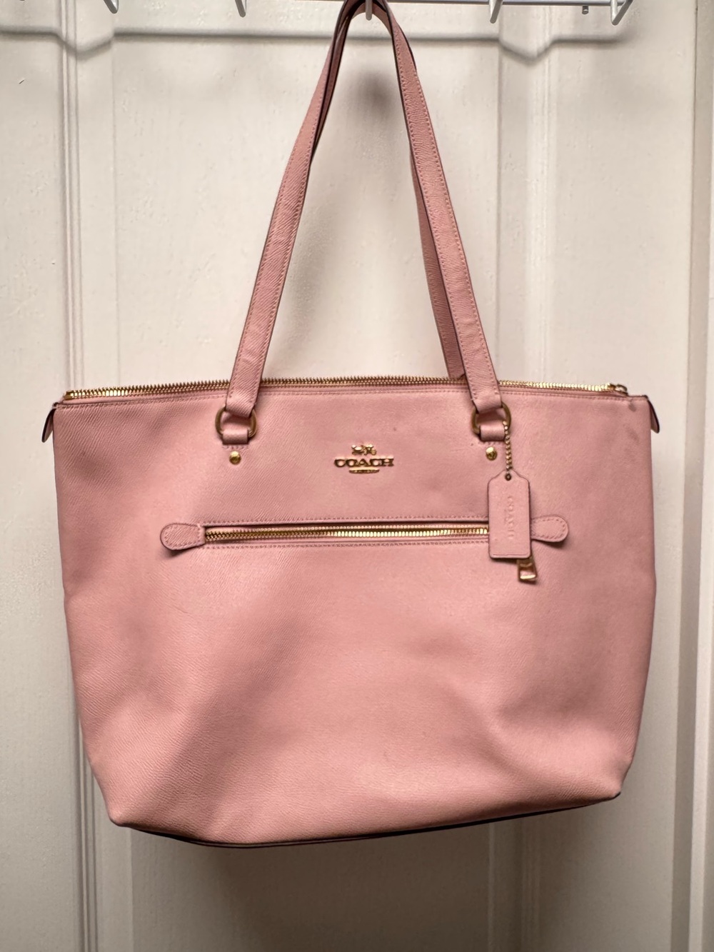 Coach Blush Pink Leather Tote with Gold Hardware & navy floral interior